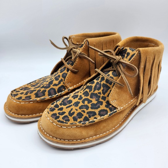 Ariat Cruiser leather Leopard Moccasin Booties Fringe Ankle Boots Women's 8.5 - Picture 1 of 8